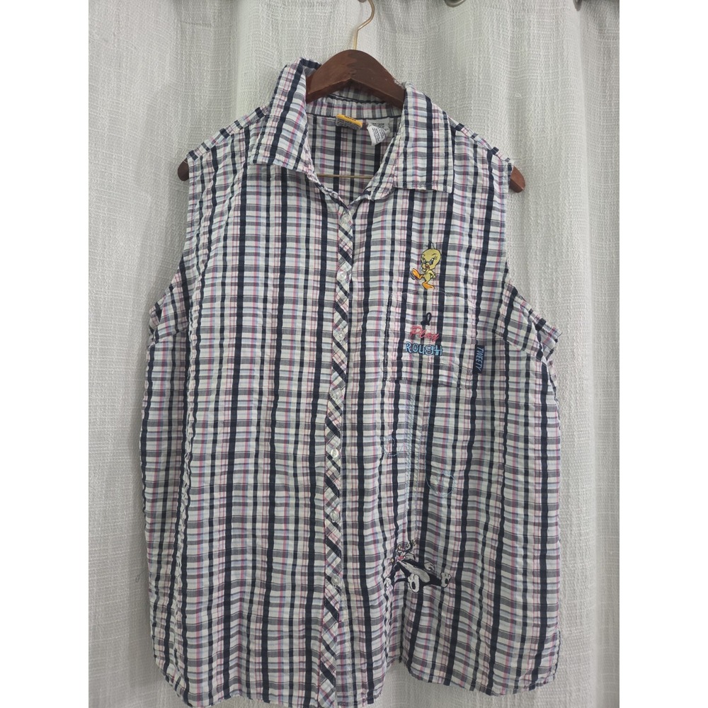 Vintage Looney Tunes Tweety Sleeveless Button Up Plaid Shirt 18W/20W Embroidered